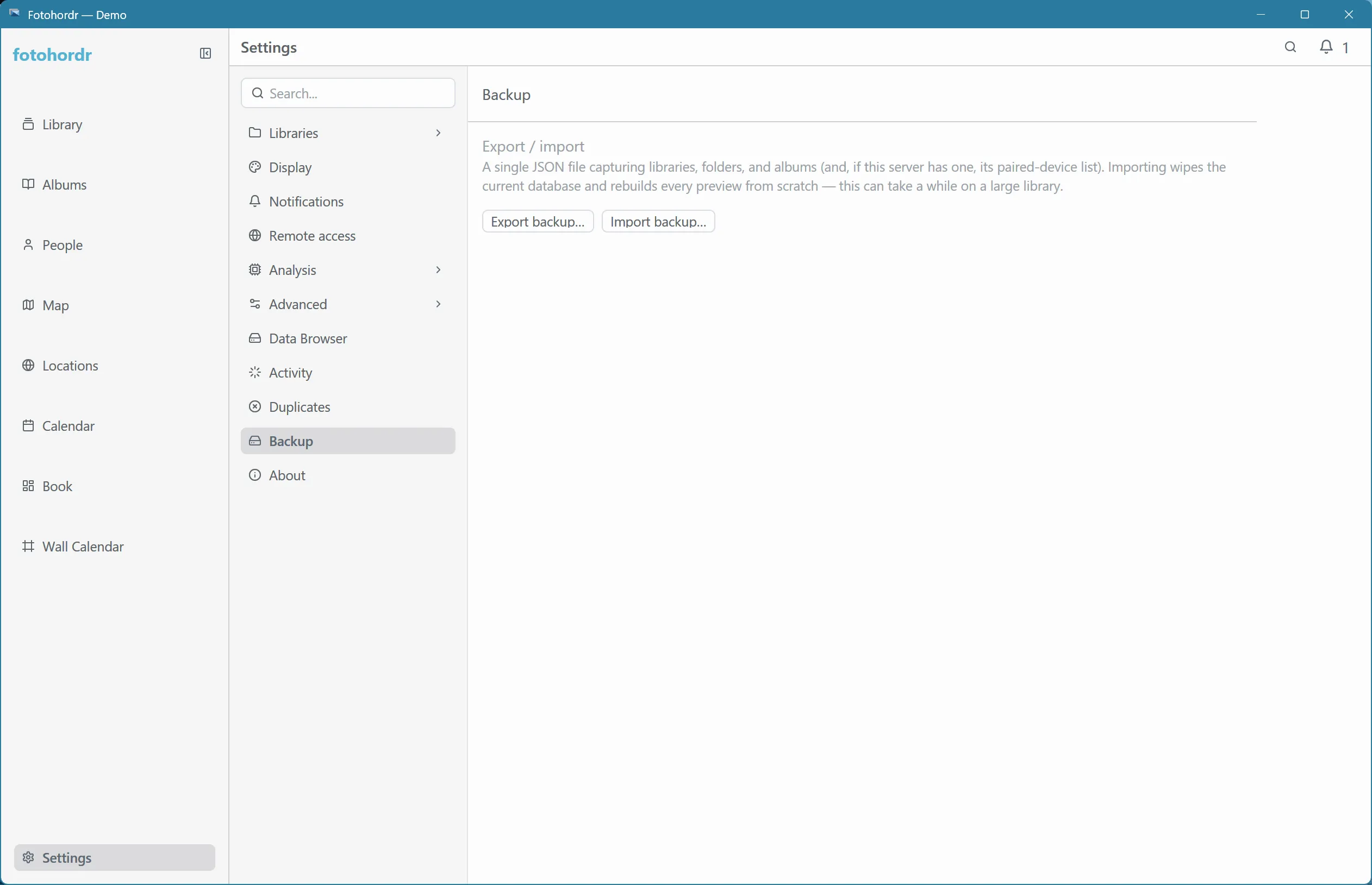 Backup settings — export / import