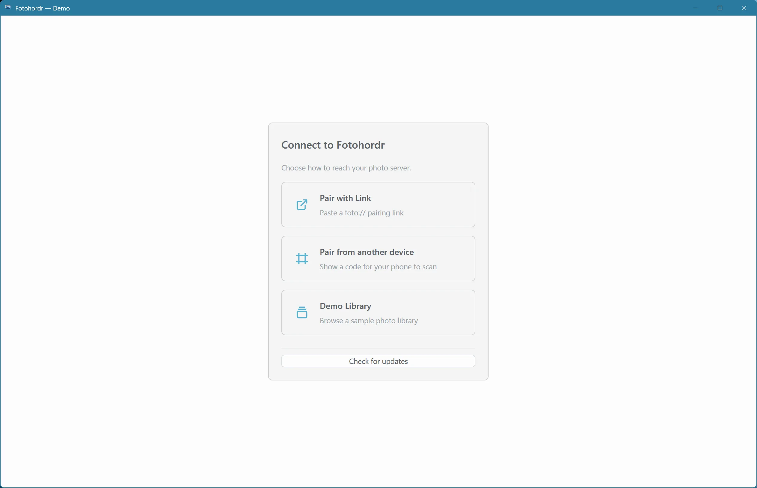 Connect screen: scan a QR, paste a link, or open the demo library