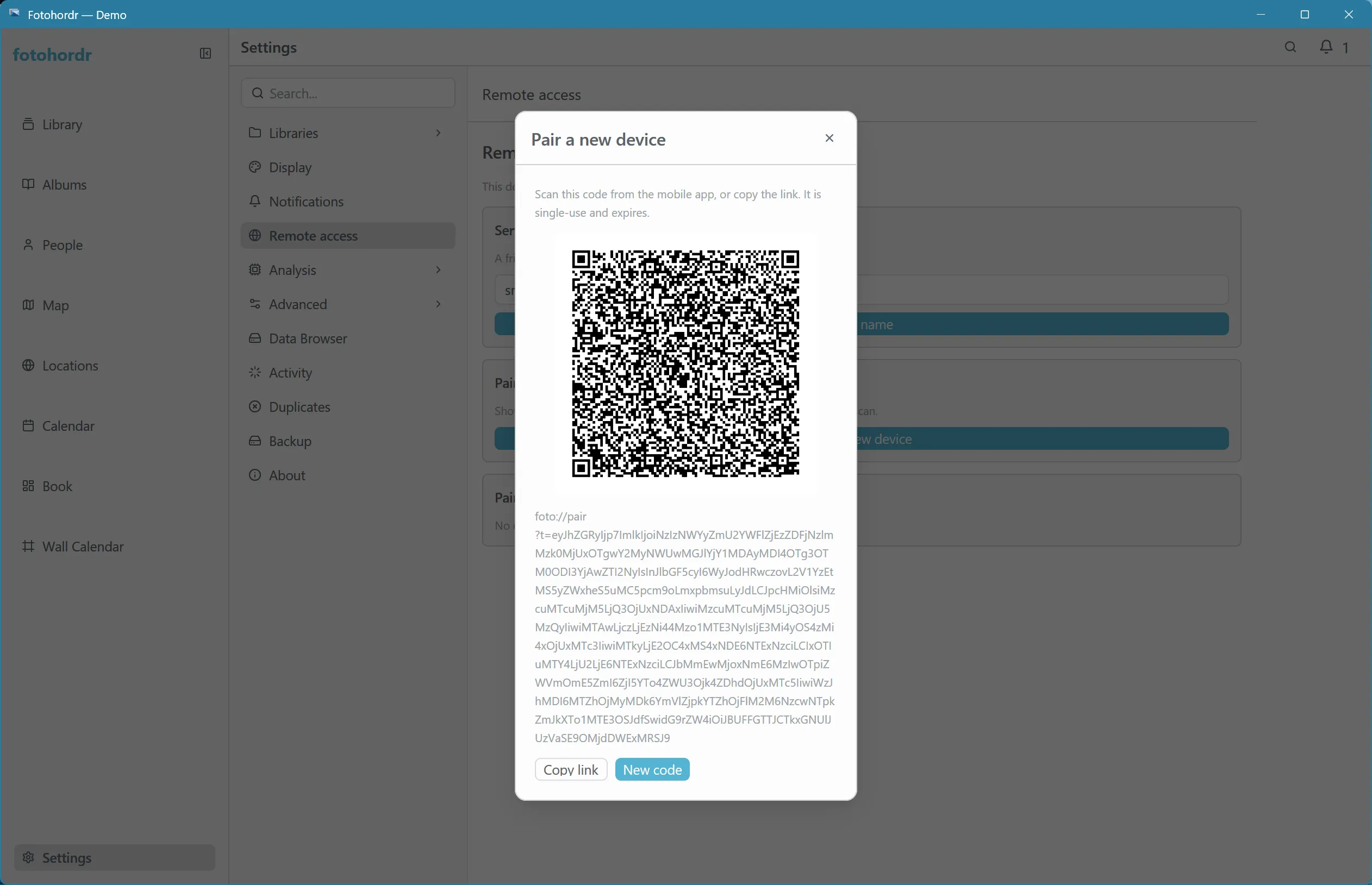 Pairing QR code / link modal