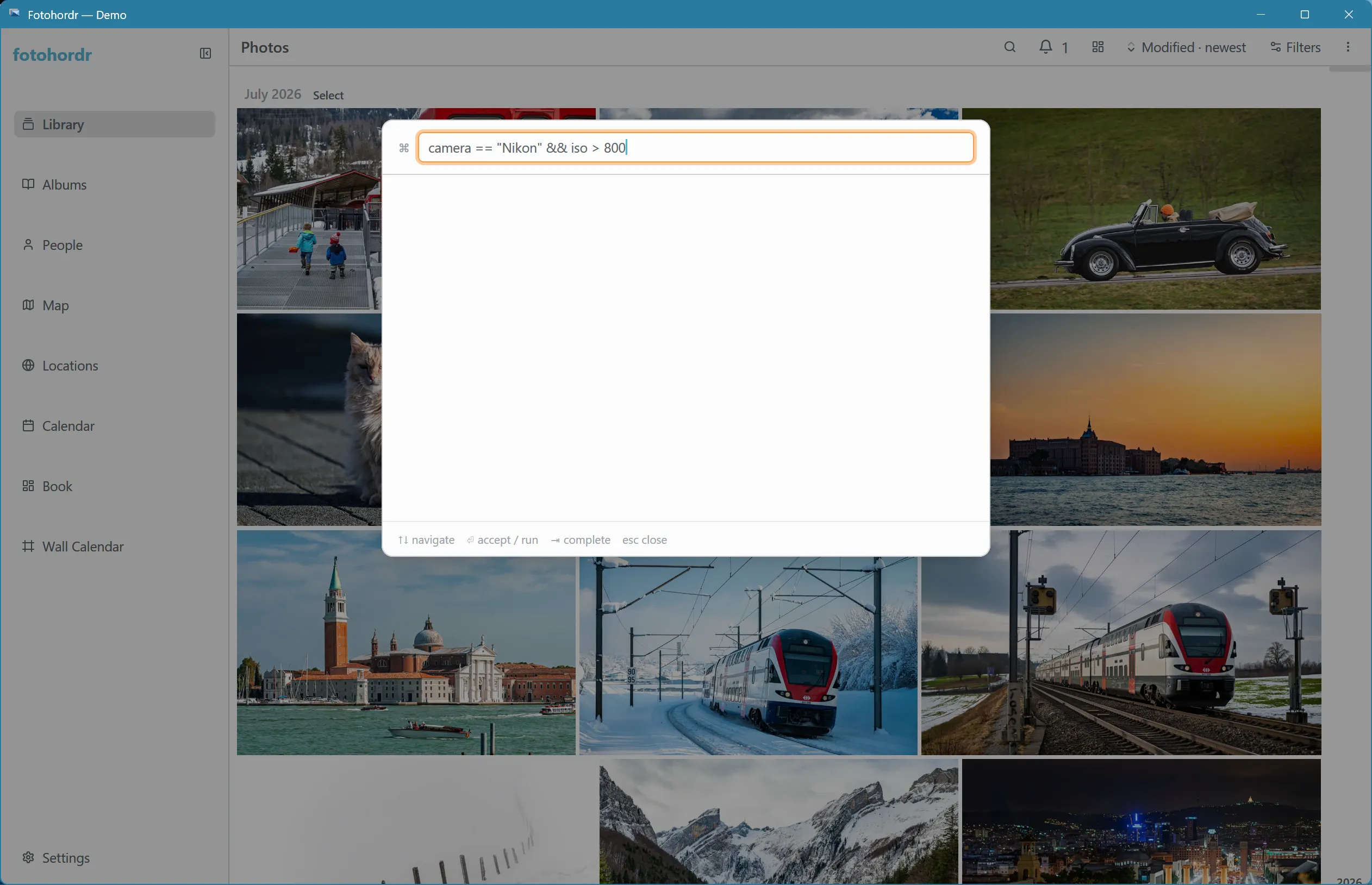 Query palette with a structured filter expression